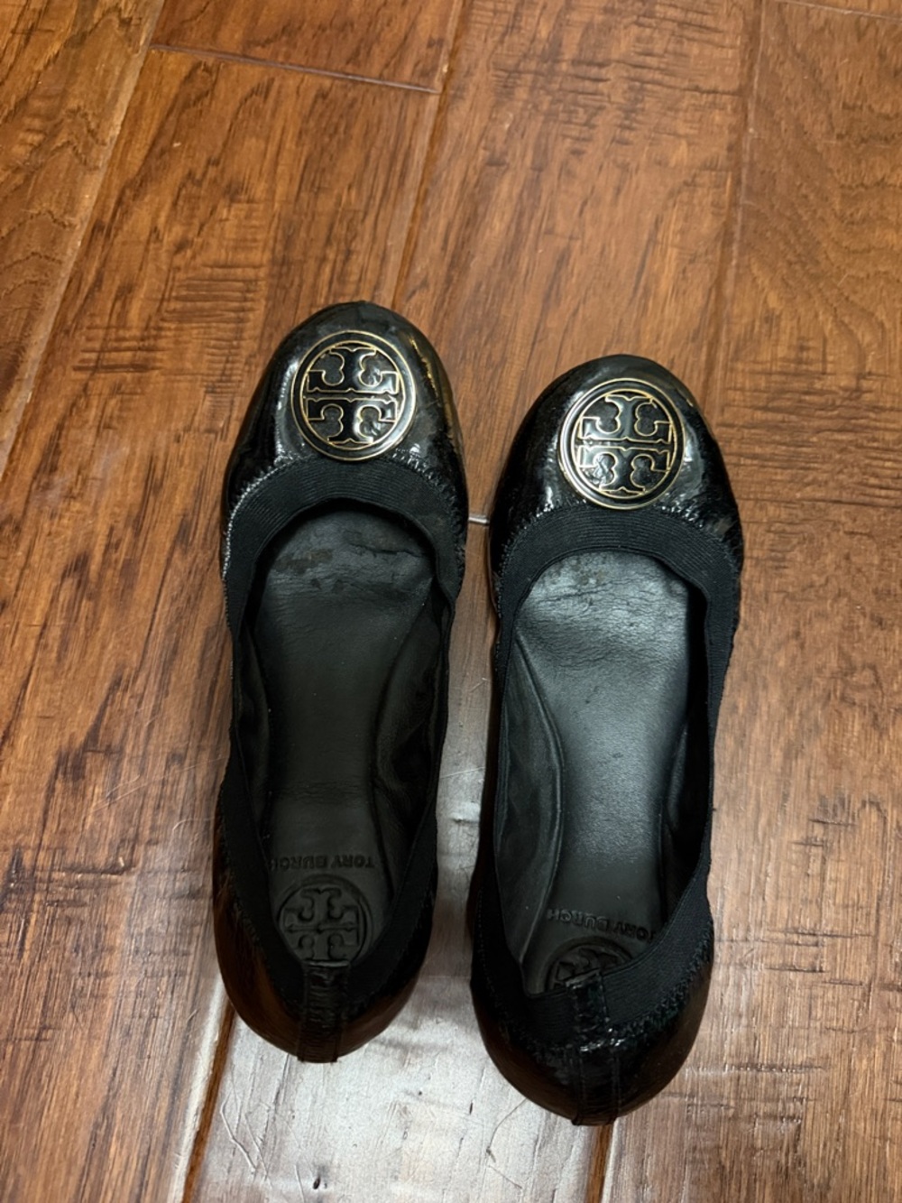 Tory Burch Black Patent Reva Logo Ballet Flats
